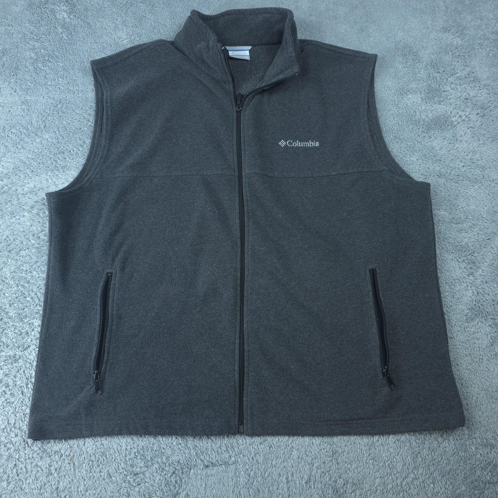 Columbia Fleece Vest Mens XL Gray Full Zip Zip Pockets Stand Collar Outdoors