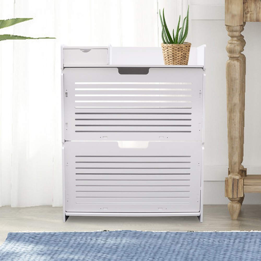 Modern Shoe Rack PVC Shoe Cabinet 2 Layer Tipping Bucket Storage Organizer White