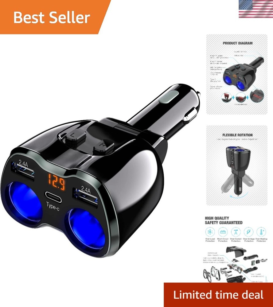 2-in-1 Car Charger with Fast Type-C and USB Ports for Quick Charging