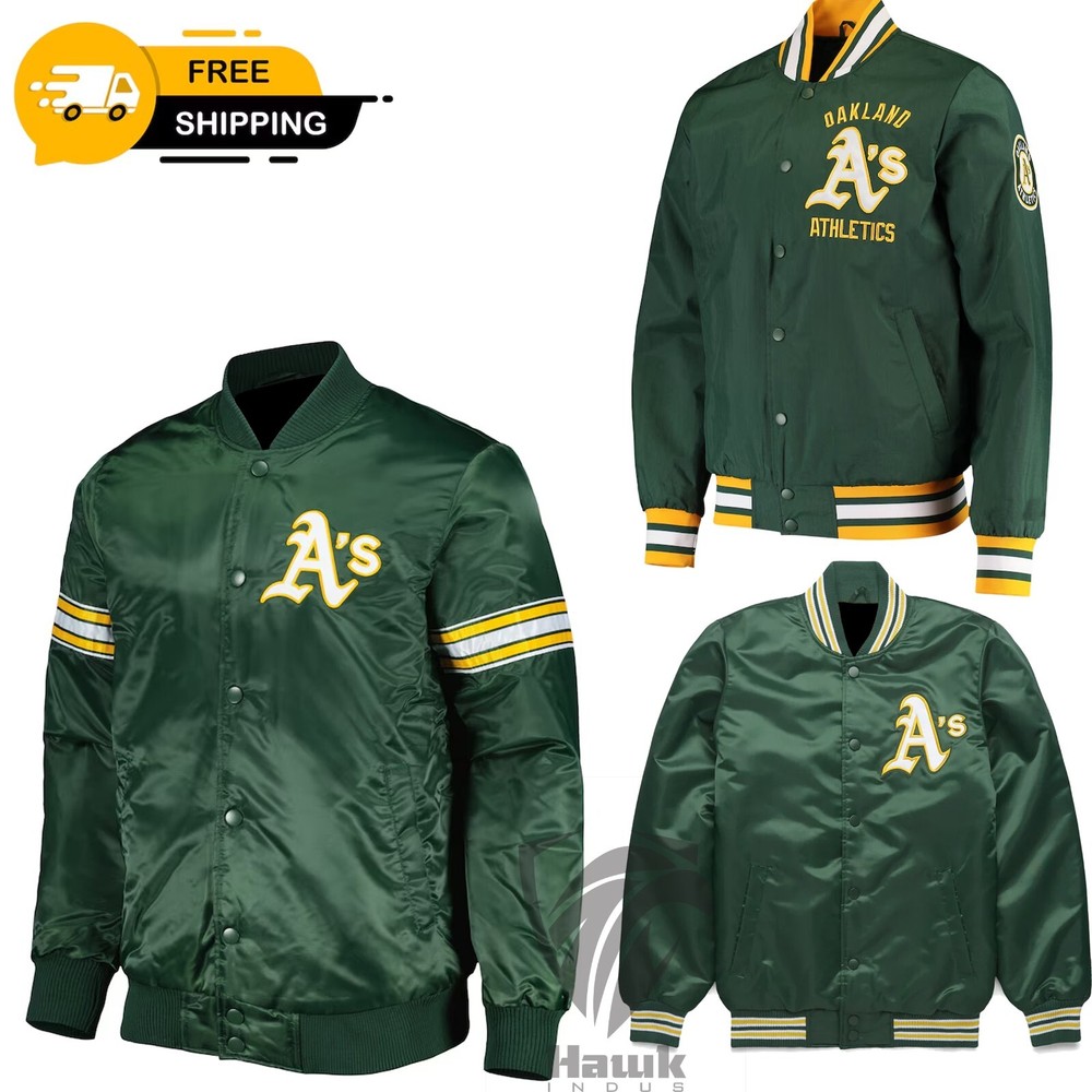 MLB Vintage style Green Oakland Athletics Satin Bomber Varsity Jacket Snap-Up
