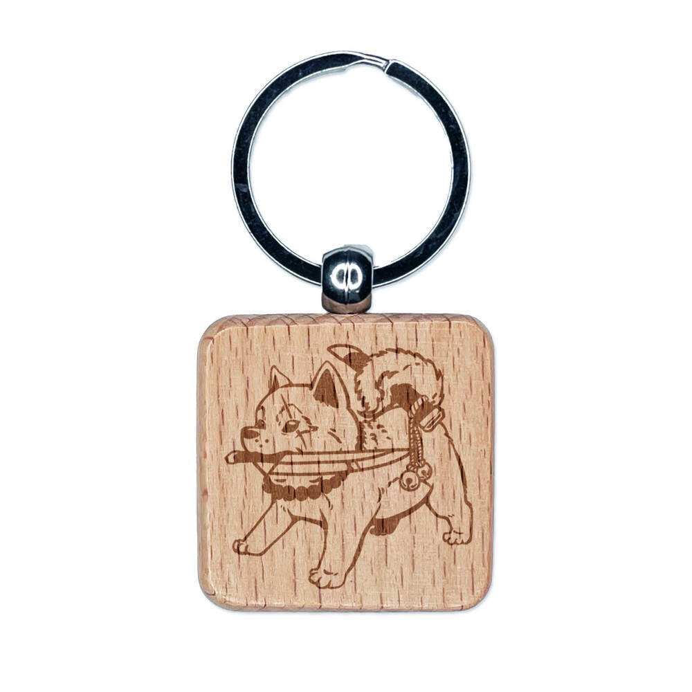 Samurai Dog Shiba Inu with Knife Engraved Wood Square Keychain Tag Charm