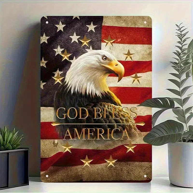 1pc 8x12 American Flag & Eagle Metal Wall Art Patriotic God Bless America Sign
