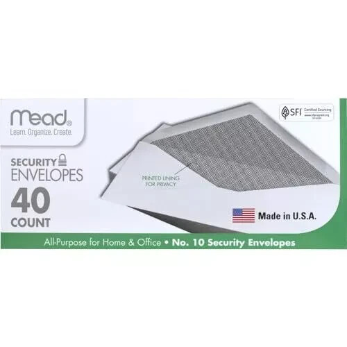 Mead #10 Envelopes, Security Printed Lining for Privacy, Gummed Closure, All-Pu