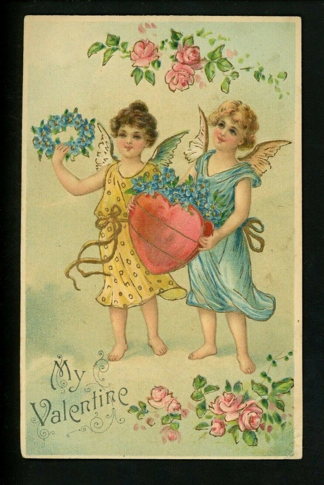 Valentine's Day postcard Angels Yellow Blue Dress Pink Heart Embossed 1907