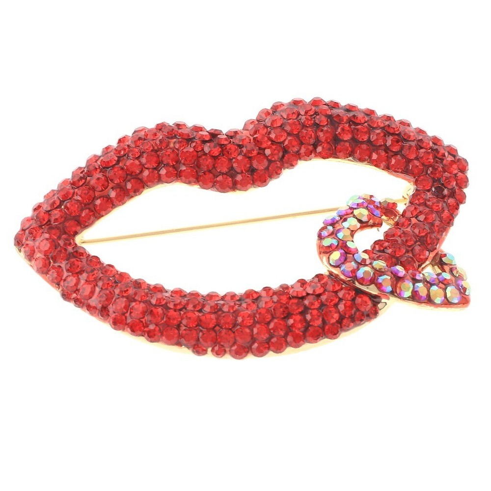 Gold Tone Metal Large Crystal Lip & Heart  Brooch P1376-RED