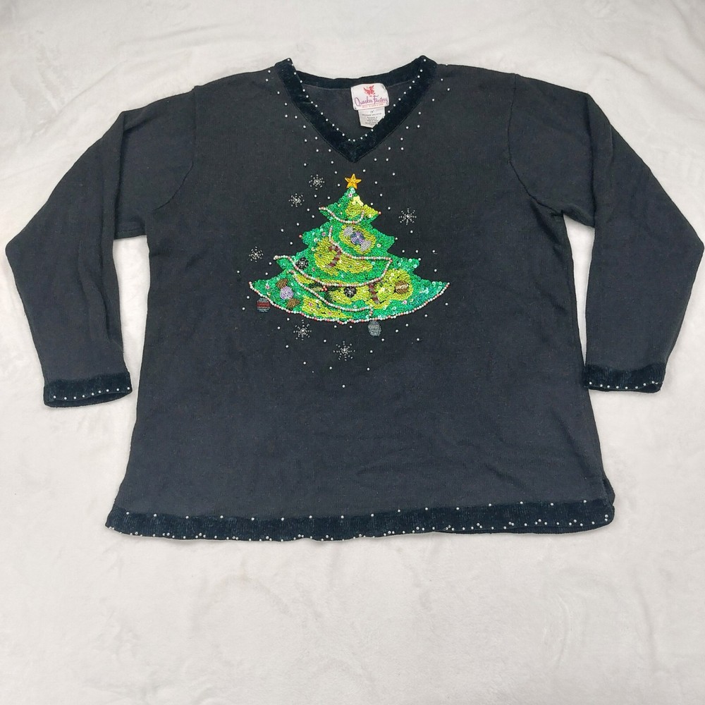 Vintage Black Beaded Sequin Christmas Tree Sweater 1X by Quacker Factory