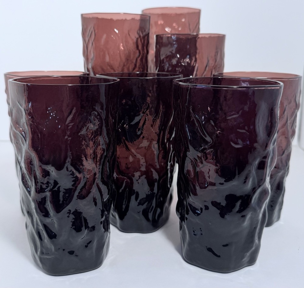 Vintage Seneca Driftwood Amethyst Tumblers Set of 8 Mid Century Glass