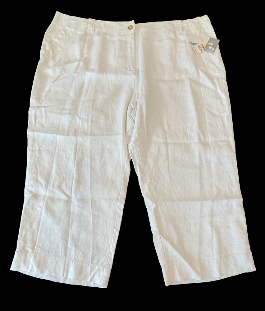 NWT New Charter Club White Cropped 100% Linen Pants Lined 24W Pockets