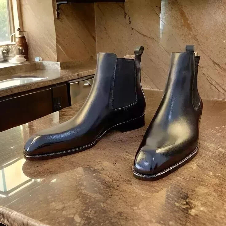 Handmade Mens Black Leather Chelsea Ankle Dress Boots