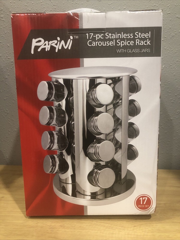 PARINI 17-Piece Stainless Steel Spice Rack with Glass Jars - New