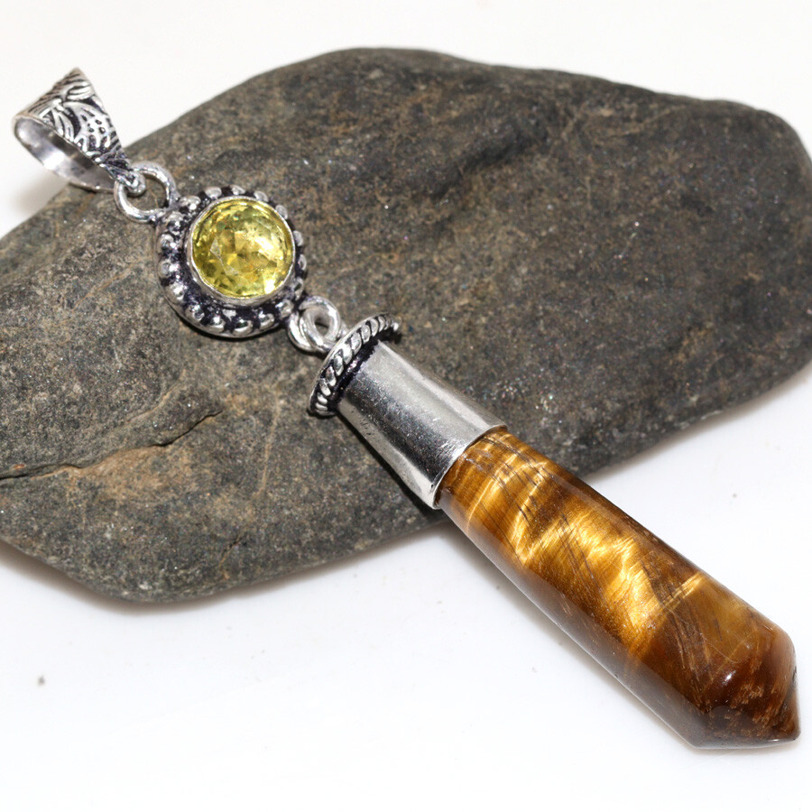 925 Silver Plated Tiger Eye Citrine Cap Statement Point Pendant 2.7