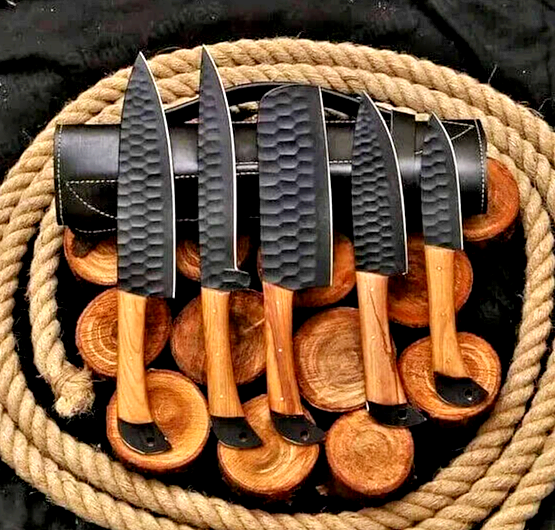 Custom Forged Carbon Steel Chef Knife Set with Leather Bag 2713