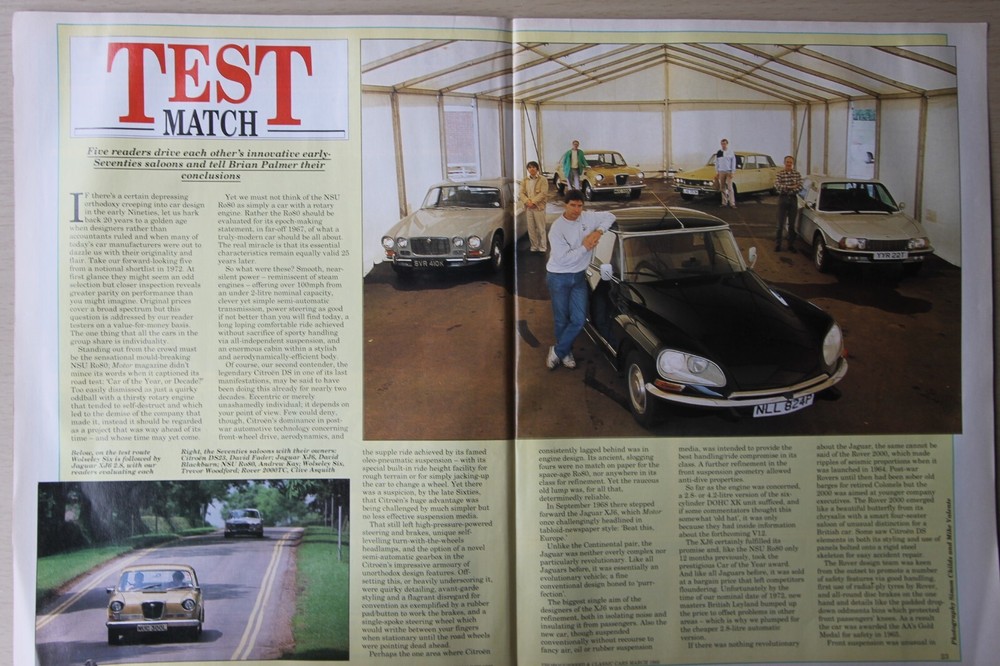 CC 1992 mag article: NSU Ro80, CITROEN DS23, JAGUAR XJ6, ROVER 2000 & WOLSELEY 6