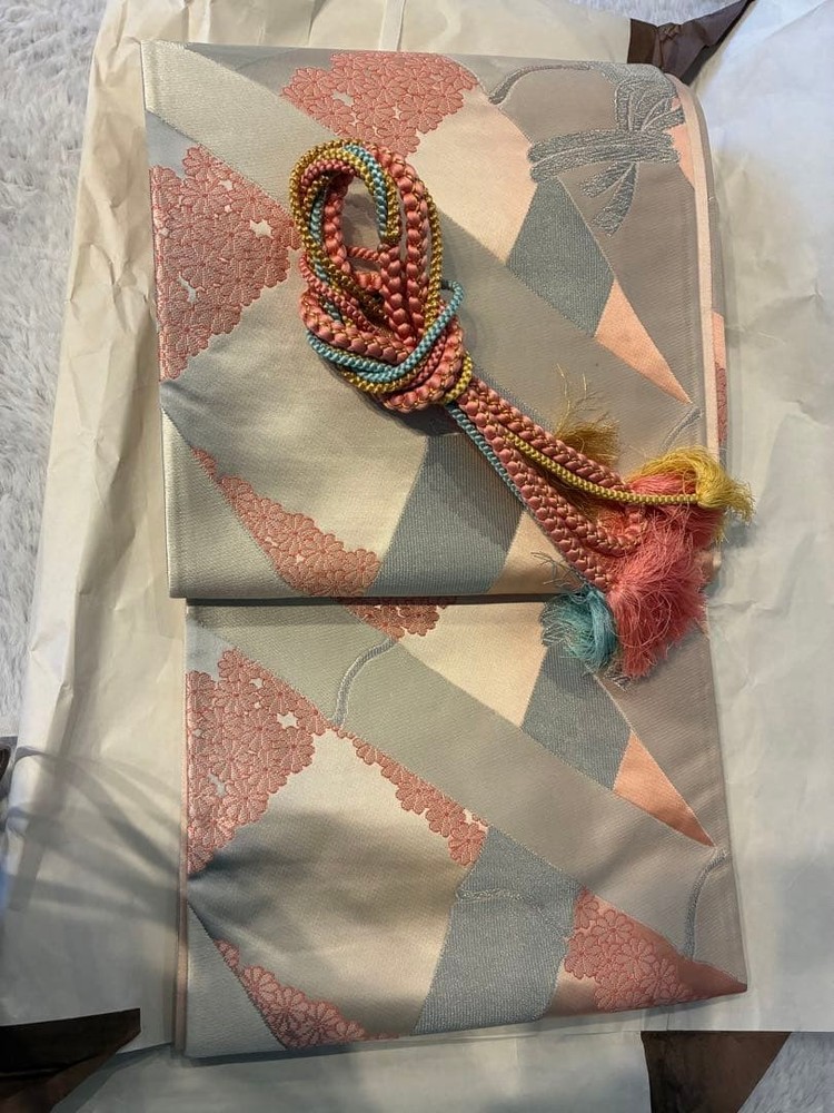 Beautiful floral silk obi sash set with obijime, used, pink/gray, 100cm