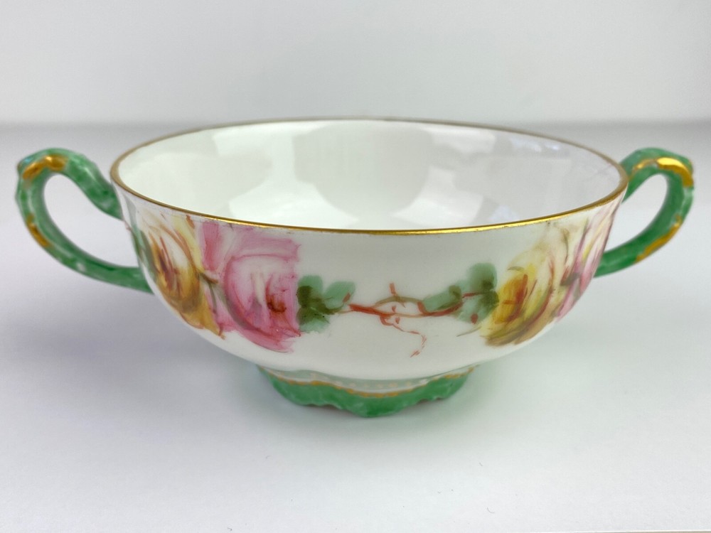 Antique Limoges France 2-handled bullion tea cup with roses