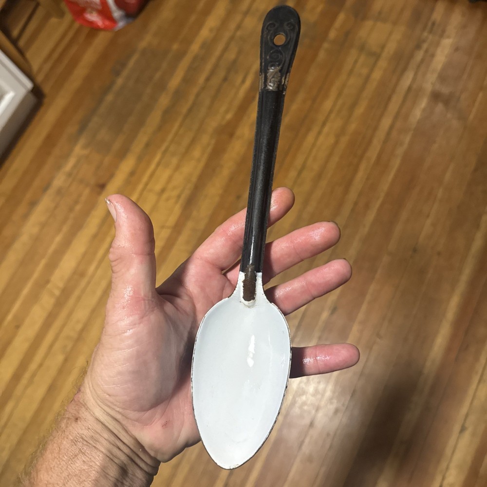 Vintage Black and White Enamelware Spoon Rustic Farmhouse Decor