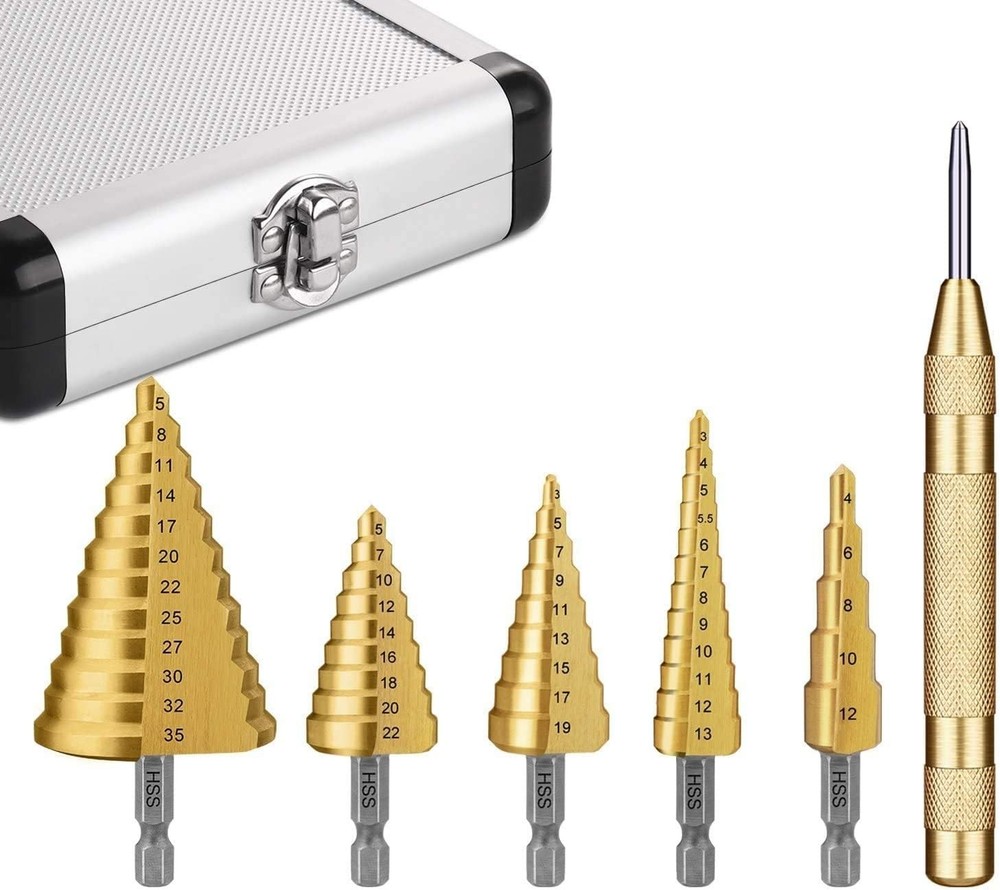5 Pcs HSS Step Drill Bits Auto Center Punch Metal Wood Plastic 1/4 in Hex Shank