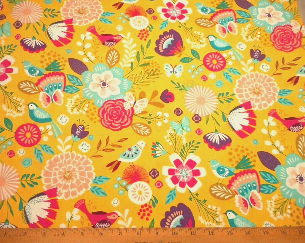 Cotton Fabric 7/8+ Yard SALE Aqua Birds Pink Purple Aqua White Floral Yellow #C