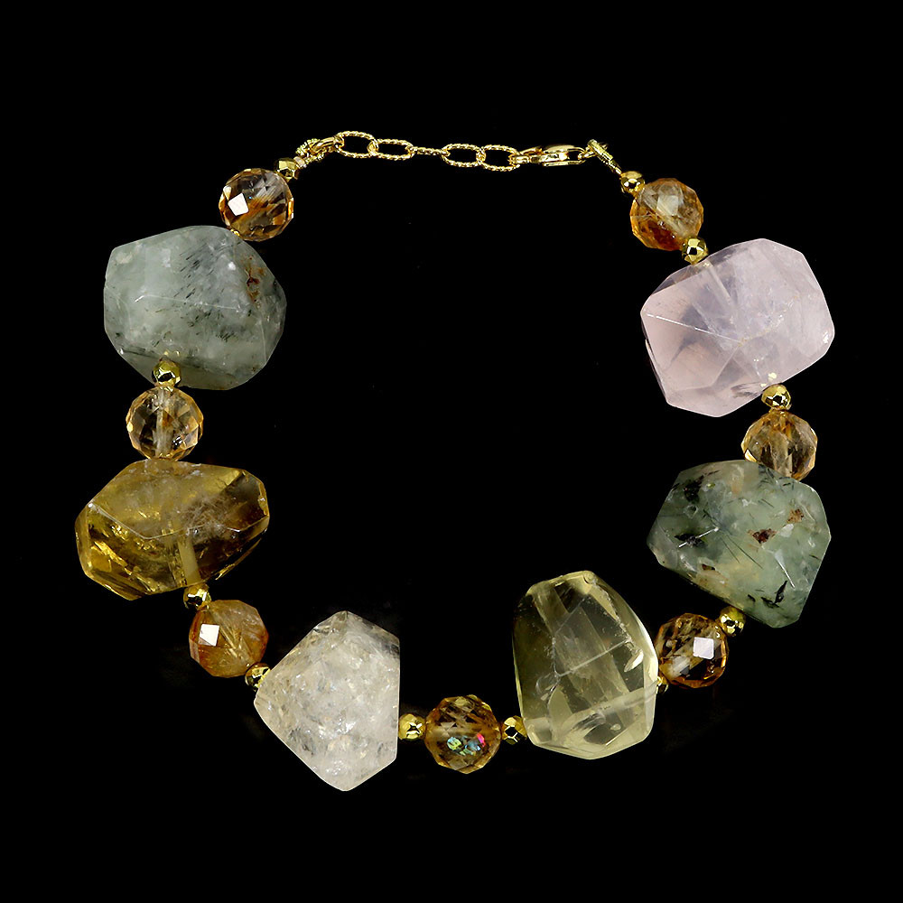 925 Sterling Silver Bracelet with Natural Rutile & Prehnite Gemstone 8 Inch