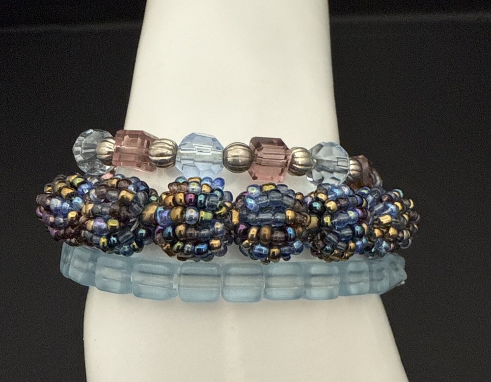 3 Beaded Bracelets Set - Blue Pink Silver, Pale Blue, Blue Gold Plum