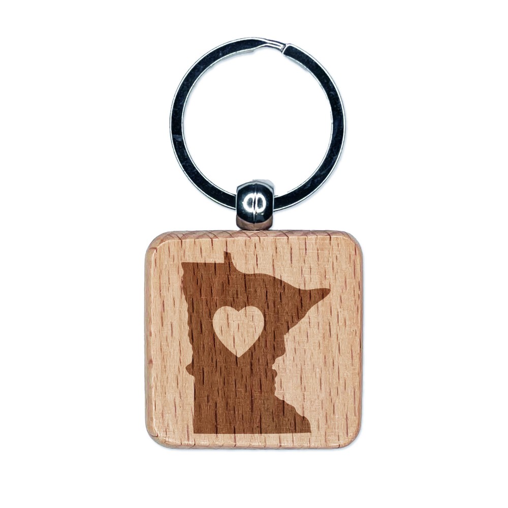 Minnesota State with Heart Engraved Wood Square Keychain Tag Charm