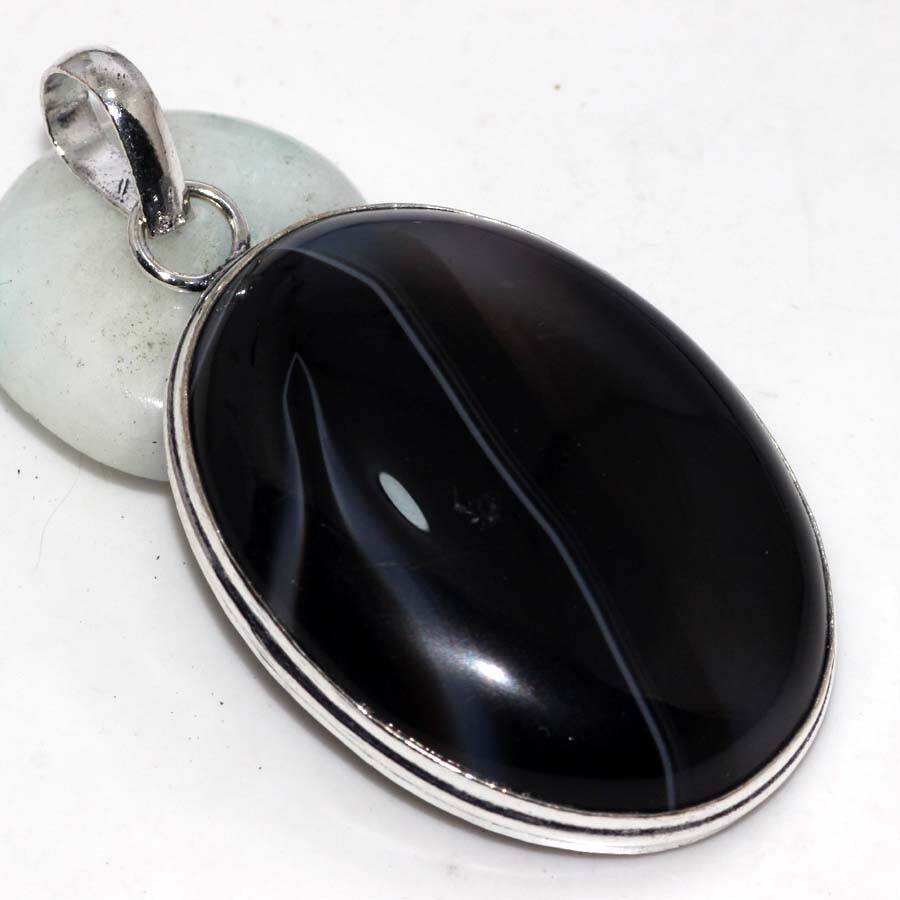 Banded Black Onyx 925 Silver Plated Pendant 2.1