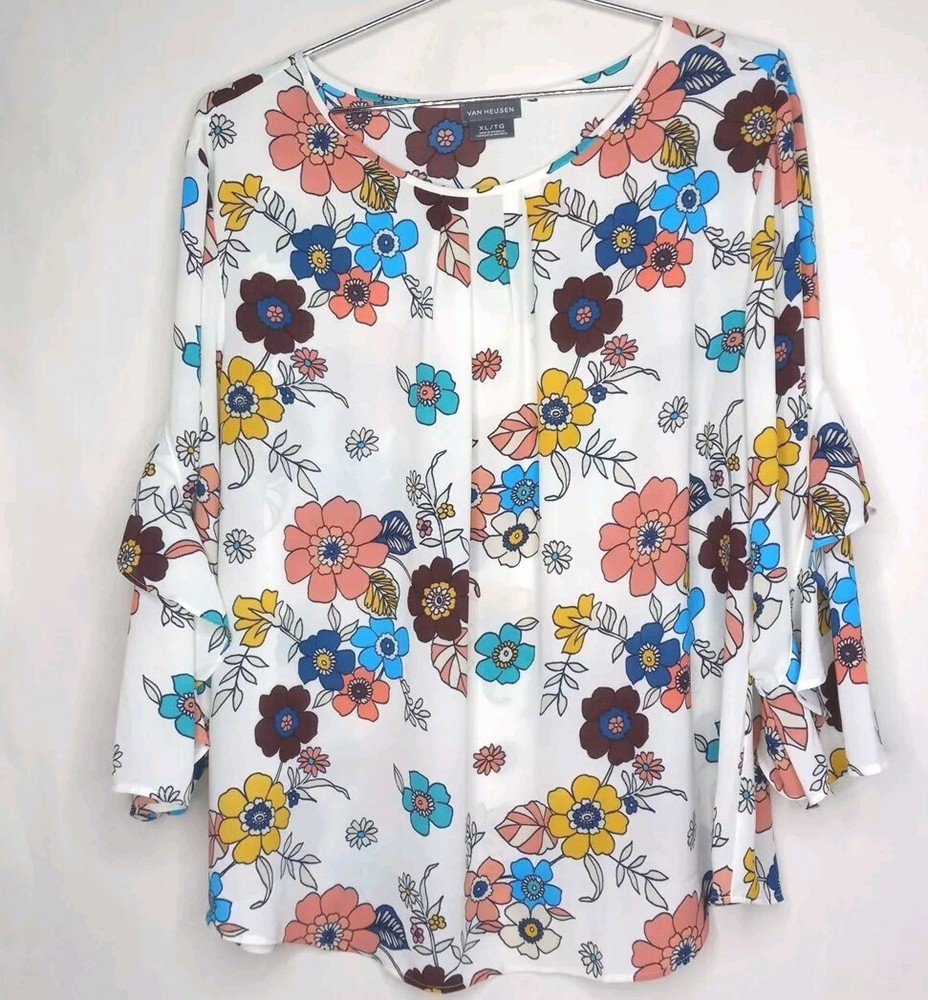 Van Heusen Women's Tunic Top Boho Floral 3/4 Flutter Sleeve Pull Over Shirt XL