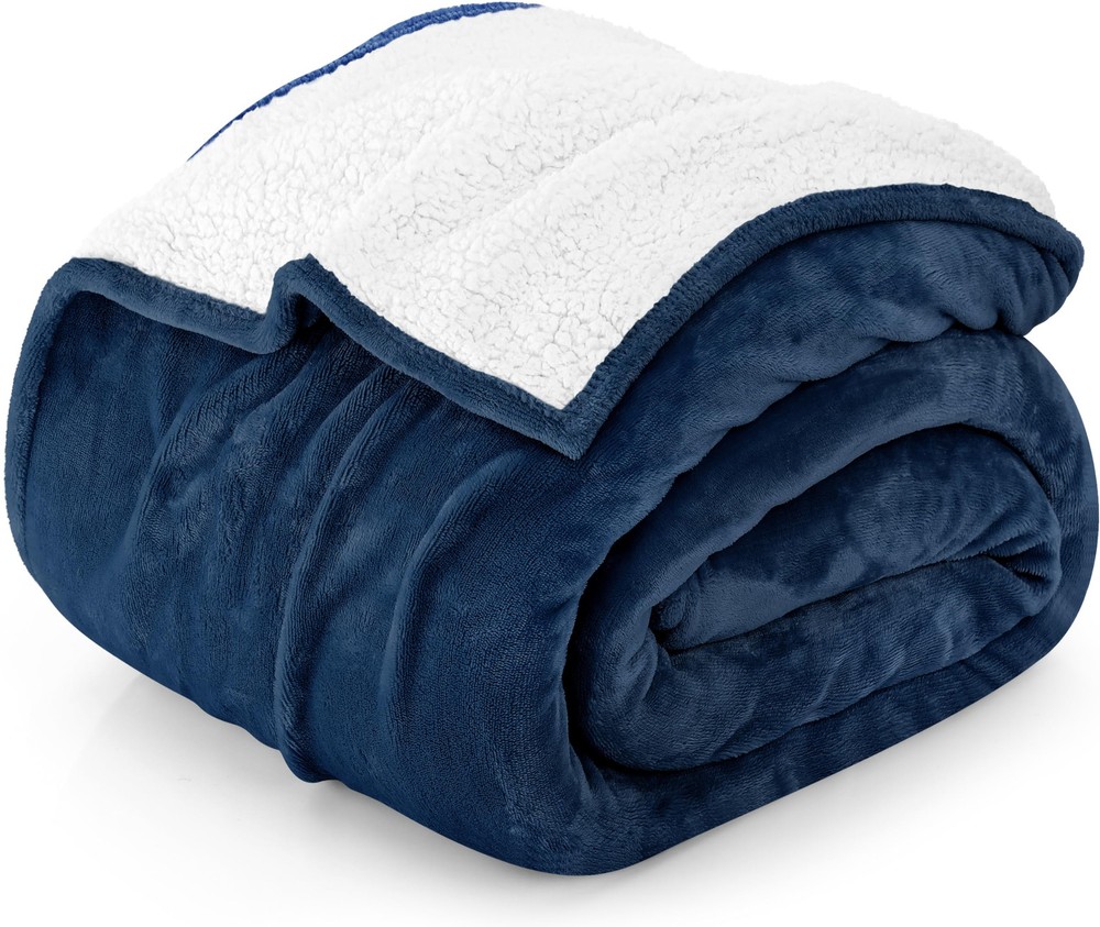 Sherpa King Size Navy Fleece Blanket, 90x102 Inches, 480GSM Plush Warmth