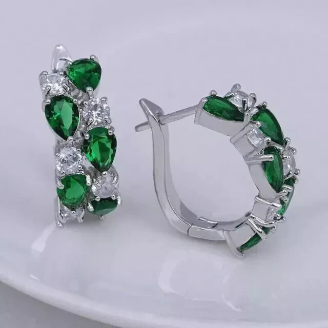 2Ct Pear Cut Lab Created Emerald Huggie Hoop Gift Earrings 14K White Gold Plated