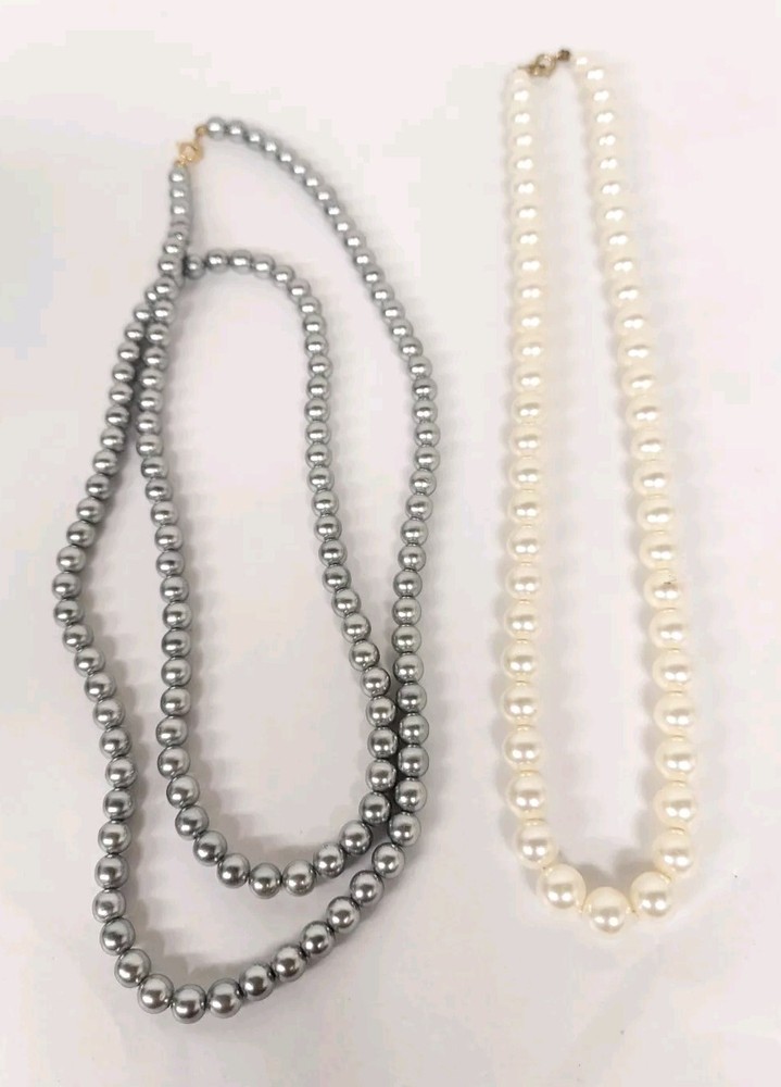 Vintage Grey Faux Pearl Rope Necklace Flapper Cottage Core Beaded Pair