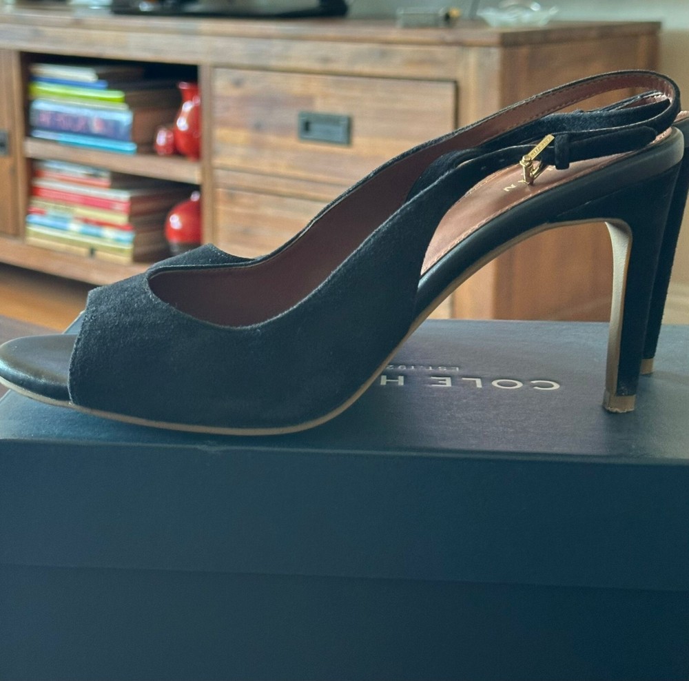 COLE HAAN  Juliana Peep Toe Slingback Black Suede Heels Pumps 8.5 Heel 4 inches