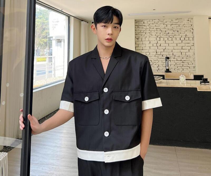 Men's Youth Fashion Summer Suit Lapel Short Sleeves Loose Color Matching Shirt