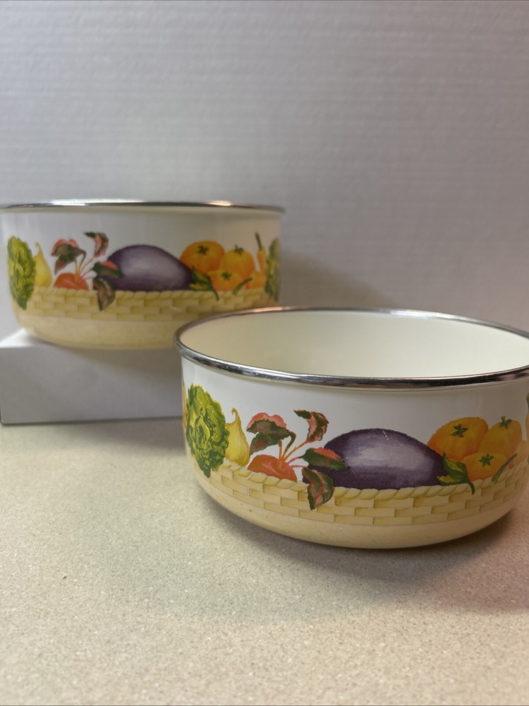 Vintage Enamelware Nesting Bowls Set of 2 Rare Vegetable Basket Pattern