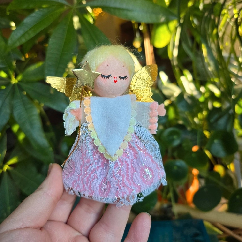 Vintage 70s made in Japan christmas tree angel golden pink white dress