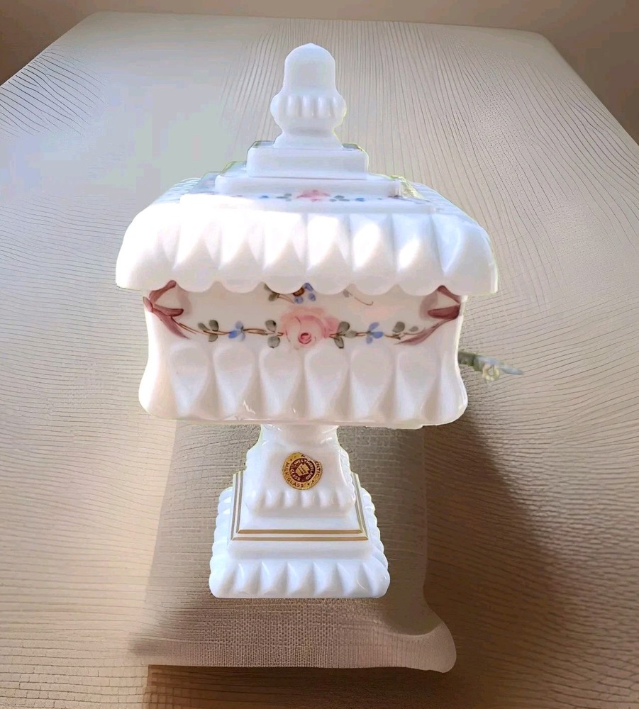 Westmoreland USA Handmade Milk Glass Pedestal Covered Dish with Gold Trim 9 Inch