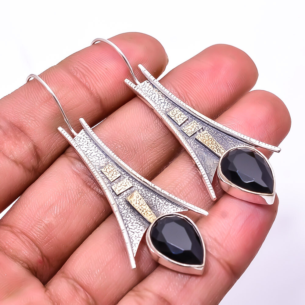 Black Onyx Oxidised 925 Silver Dangling Earrings 2.34 Inch Valentine Gift E34