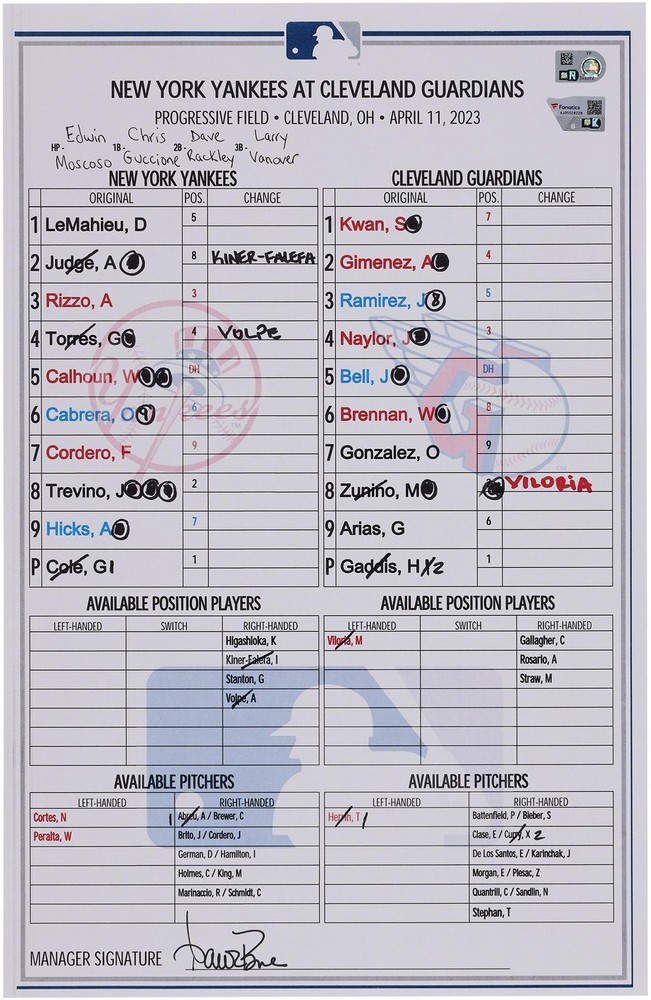 New York Yankees Game-Used Lineup Card vs. Cleveland Guardians on April 11, 2023