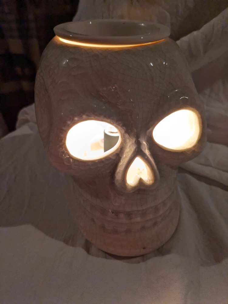 Skull-shaped candle warmer lamp with adjustable brightness