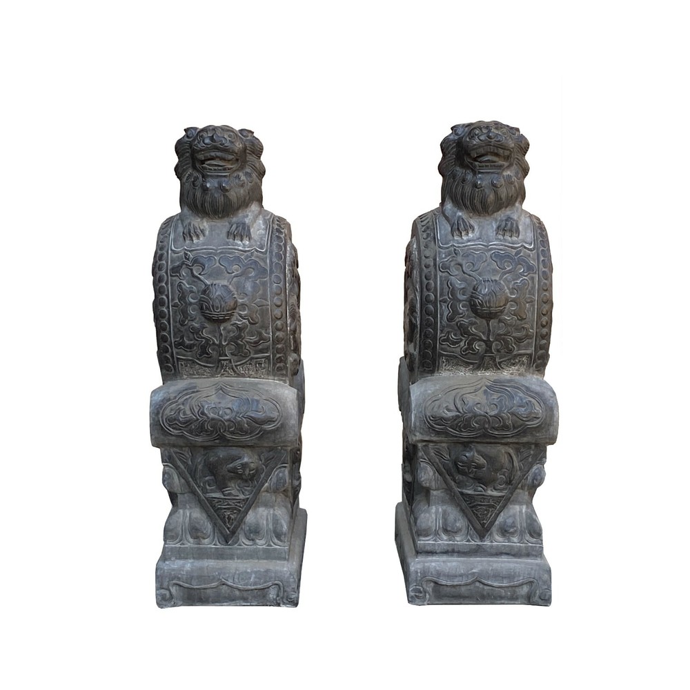 Chinese Pair Black Gray Stone Fengshui Foo Dogs Drum Statues cs7219