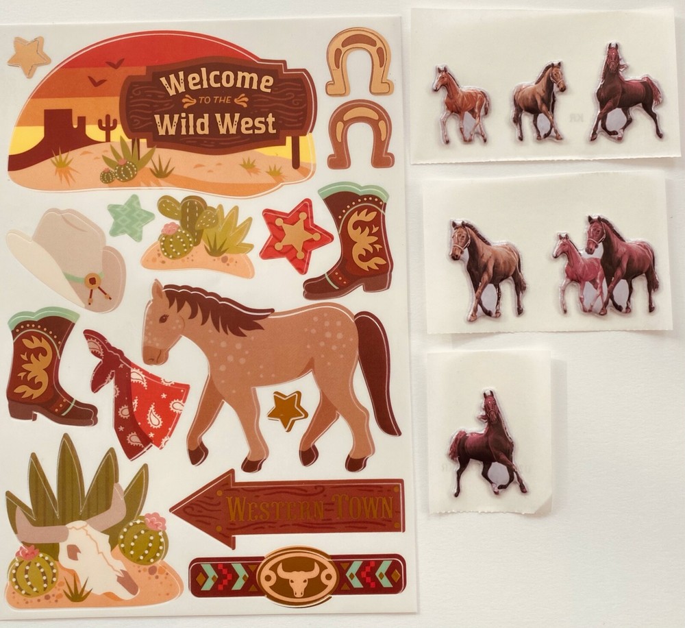 Mxd Horse Pony Wild West Cowboy Themed Stickers + Puffy Sticker Western Town Lot