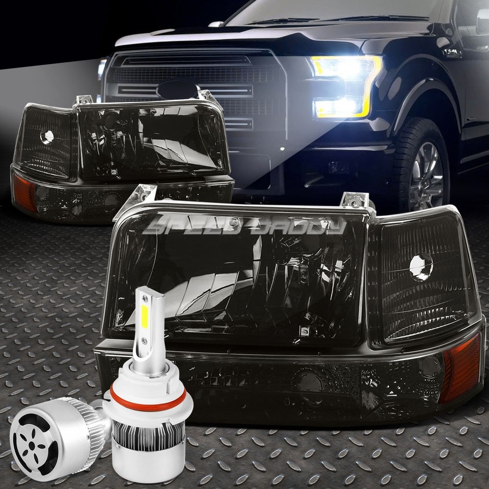 92-96 F-Series Smoked Lens Headlight with Amber Corner & White LED 9007 HID Fan