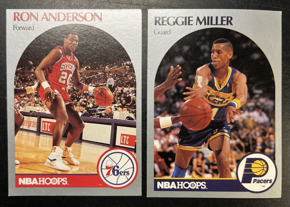 2 Vintage 1990 NBA HOOPS Cards, Ron Anderson Forward, Reggie Miller Guard