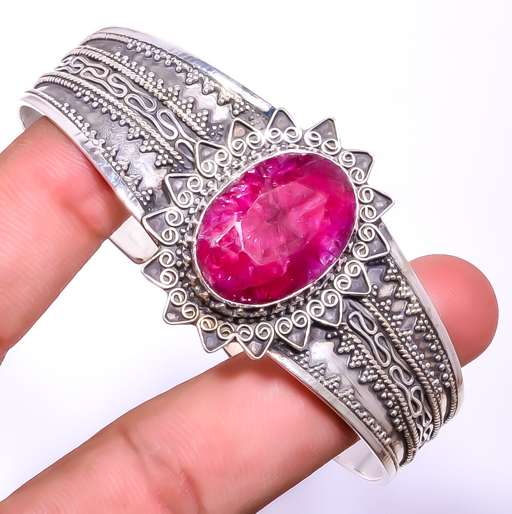 Simulated Ruby Gemstone 925 Sterling Silver Adjustable Cuff Bracelet T64 A7