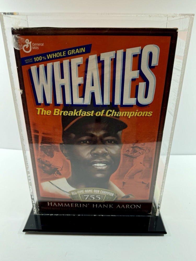 Hank Aaron All Time Home Run Champion Wheaties cereal box Sealed Plastic Case