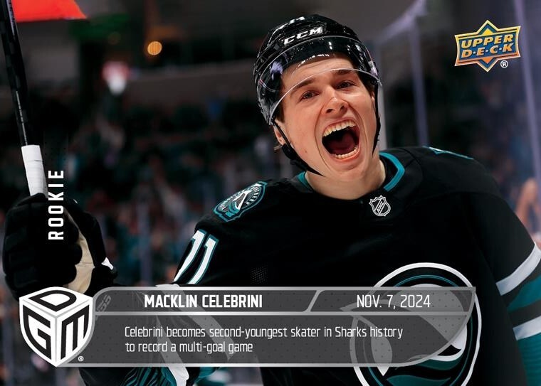 PRESALE - 24-25 Upper Deck Game Dated Moments #19 Macklin Celebrini RC /1199-image