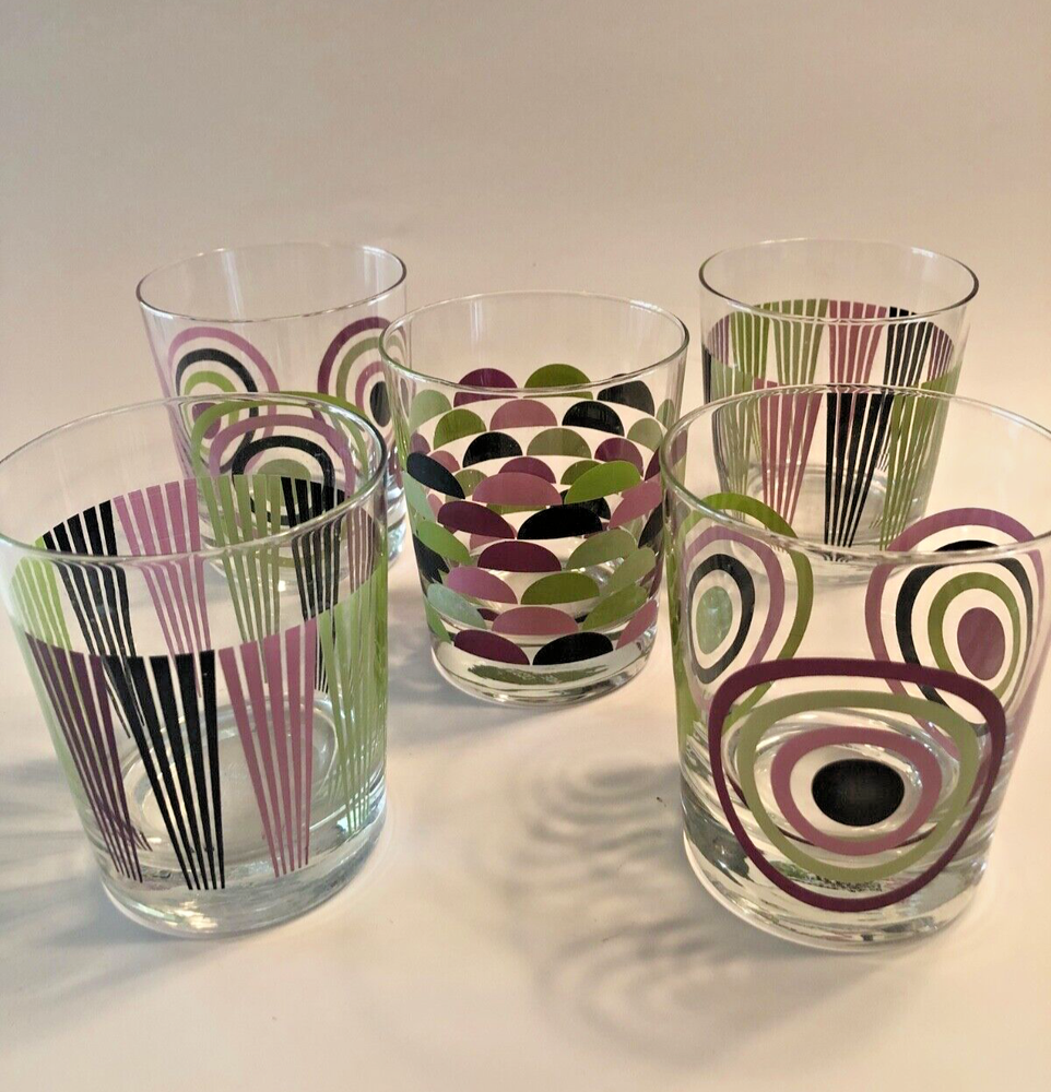 IKEA Retro Cocktail Glasses Set of 5 Purple Green Old-Fashioned Barware