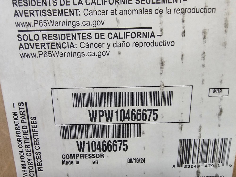 BRAND NEW!!  OEM WHIRLPOOL REFRIGERATOR COMPRESSOR  WPW10466675