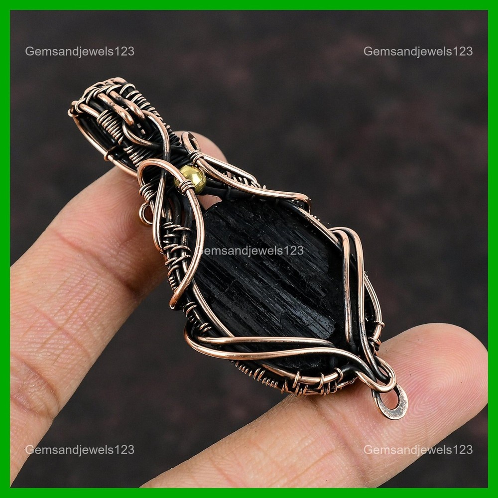 Mother's Day Sale Copper Wire Wrapped Black Tourmaline Rough Gemstone Pendant-image