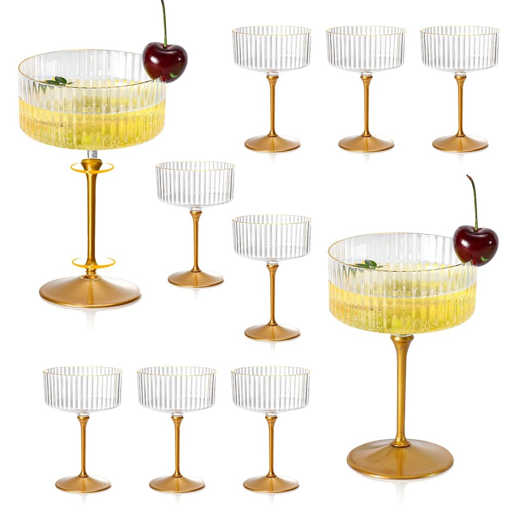 12-Piece 10oz Clear Plastic Martini Coupe Glasses with Detachable Ribbed Design