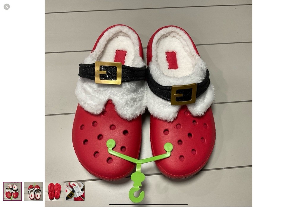 CROCS Classic Lined Santa Clog Kids J2 Red Black Fuzzy Holiday Christmas Slipper